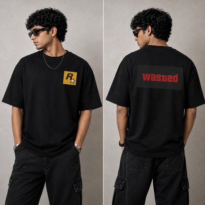 Unleavables Oversized Graphic T-Shirt with GTA Wasted Pixel Print | Front and Back Side Print | Round Neck Relaxed Fit | Unisex T-Shirts