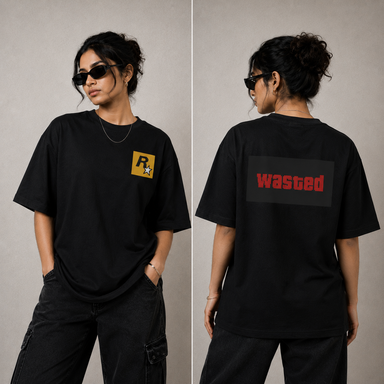 Unleavables Oversized Graphic T-Shirt with GTA Wasted Pixel Print | Front and Back Side Print | Round Neck Relaxed Fit | Unisex T-Shirts