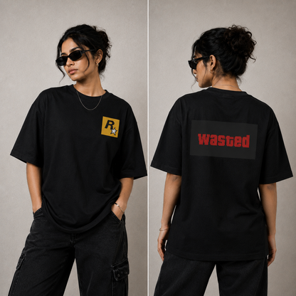 Unleavables Oversized Graphic T-Shirt with GTA Wasted Pixel Print | Front and Back Side Print | Round Neck Relaxed Fit | Unisex T-Shirts