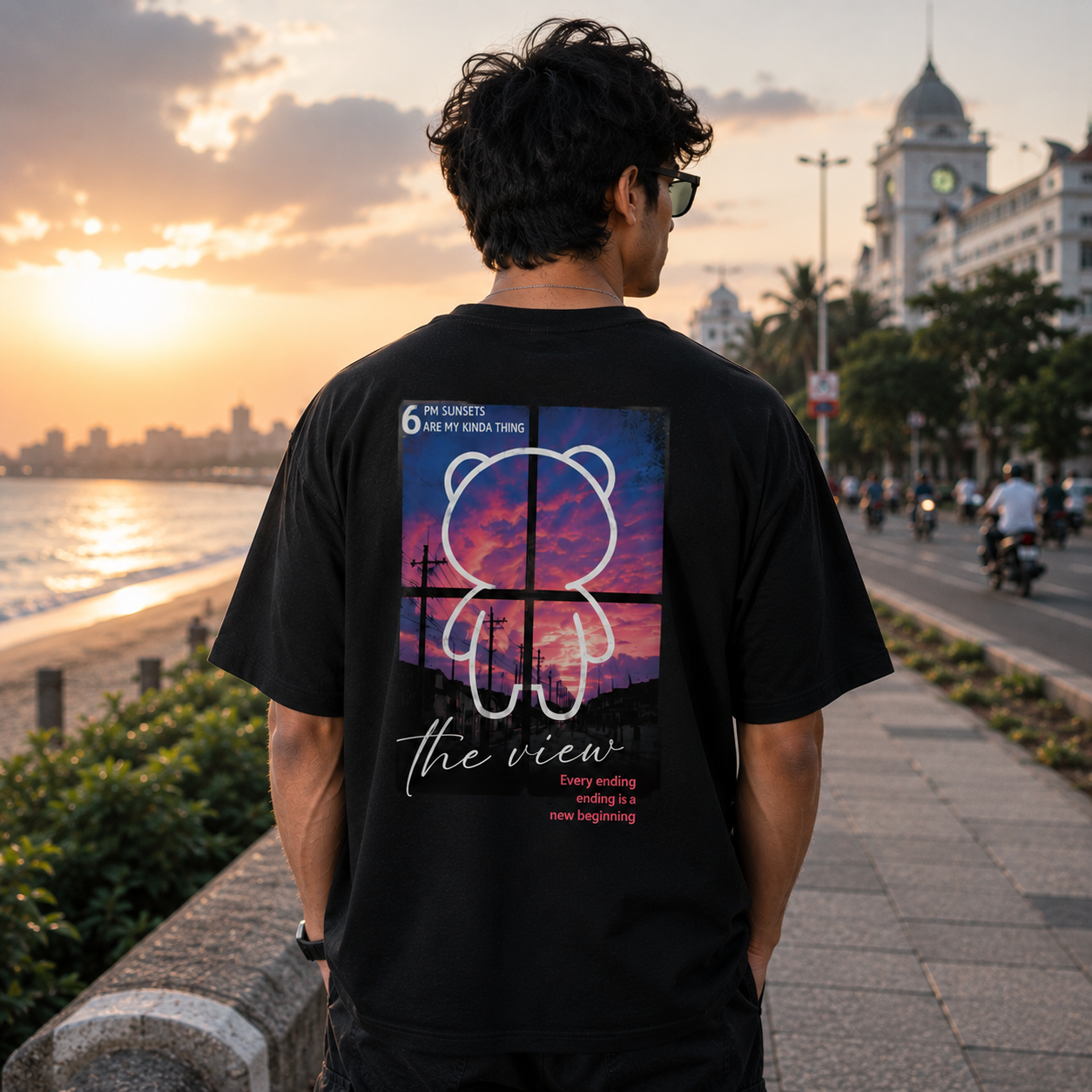 6 PM Sunsets Graphic Oversized T-Shirt for Men | Premium Cotton Streetwear Tee