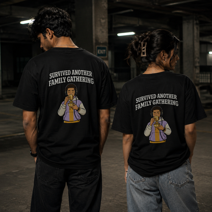 Oversized Graphic T-Shirt | Survived Family Gathering Print | Unisex Streetwear Tee