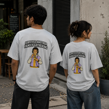 Oversized Graphic T-Shirt | Survived Family Gathering Print | Unisex Streetwear Tee