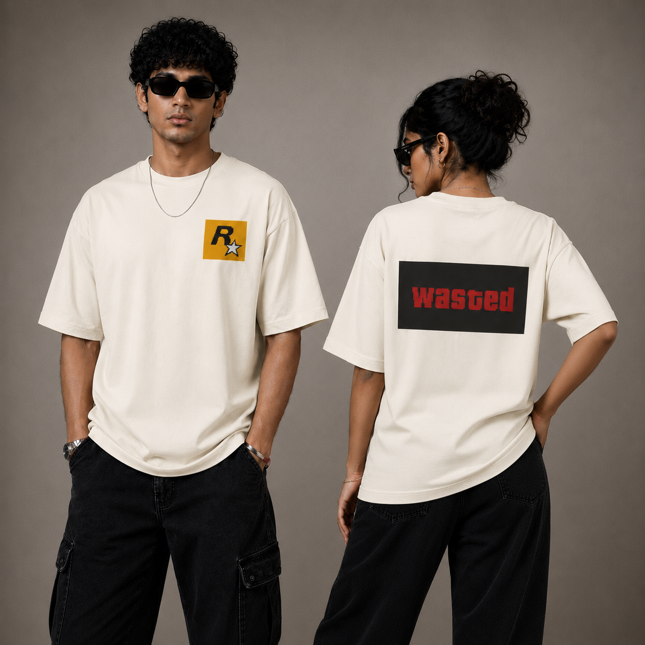 Unleavables Oversized Graphic T-Shirt with GTA Wasted Pixel Print | Front and Back Side Print | Round Neck Relaxed Fit | Unisex