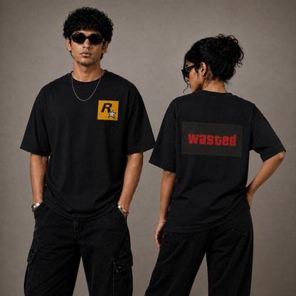 Unleavables Oversized Graphic T-Shirt with GTA Wasted Pixel Print | Front and Back Side Print | Round Neck Relaxed Fit | Unisex