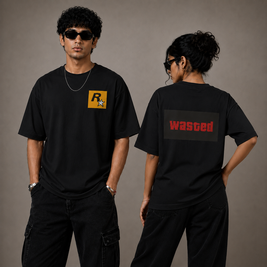 Unleavables Oversized Graphic T-Shirt with GTA Wasted Pixel Print | Front and Back Side Print | Round Neck Relaxed Fit | Unisex