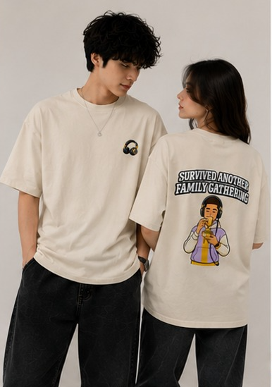 Oversized Graphic T-Shirt | Survived Family Gathering Print | Unisex Streetwear Tee