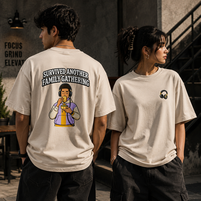 Oversized Graphic T-Shirt | Survived Family Gathering Print | Unisex Streetwear Tee