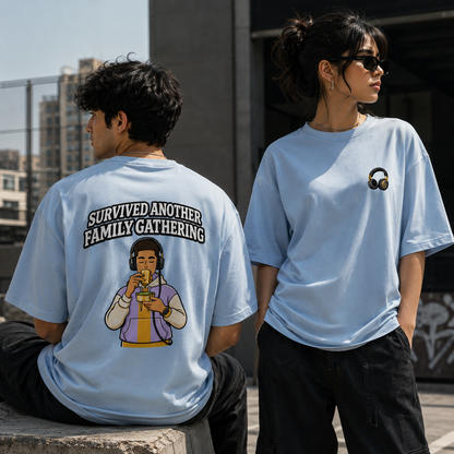 Oversized Graphic T-Shirt | Survived Family Gathering Print | Unisex Streetwear Tee