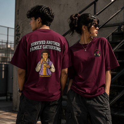 Oversized Graphic T-Shirt | Survived Family Gathering Print | Unisex Streetwear Tee