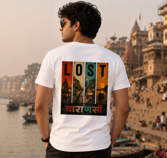 Lost In Varanasi Graphic Print Men's Round Neck T-Shirt | 100% Cotton Travel Tee