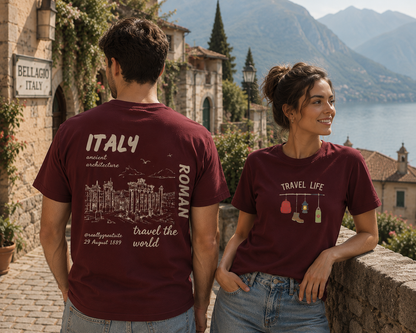 Travel Life Oversized Graphic Printed Unisex T-Shirt | 100% Cotton Casual Front & Back Roman Architecture Travel Tee