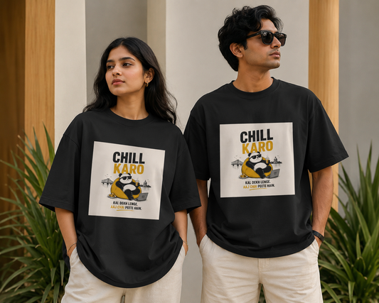 Unleavables Chill Karo Panda Graphic Printed Oversized T-Shirt - 100% Cotton, Unisex Streetwear Fit