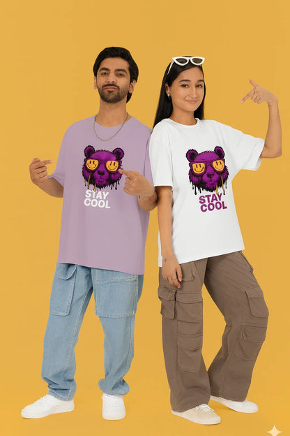 Stay Cool Oversized Unisex T-Shirt – Purple Bear Graphic | 100% Cotton