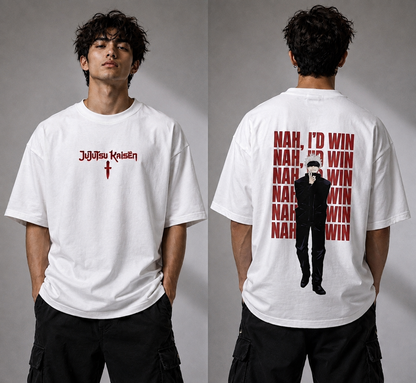 Gojo Satoru “Nah, I’d Win” Oversized T-Shirt – Jujutsu Kaisen Anime Streetwear | Unleavables