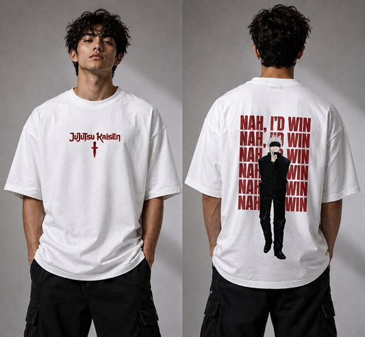 Gojo Satoru “Nah, I’d Win” Oversized T-Shirt – Jujutsu Kaisen Anime Streetwear | Unleavables