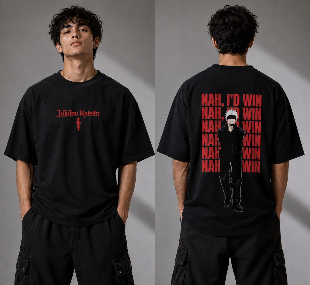 Gojo Satoru “Nah, I’d Win” Oversized T-Shirt – Jujutsu Kaisen Anime Streetwear | Unleavables