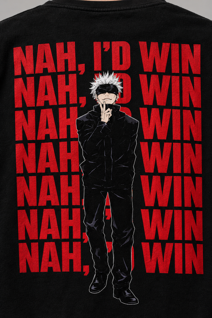 Gojo Satoru “Nah, I’d Win” Oversized T-Shirt – Jujutsu Kaisen Anime Streetwear | Unleavables