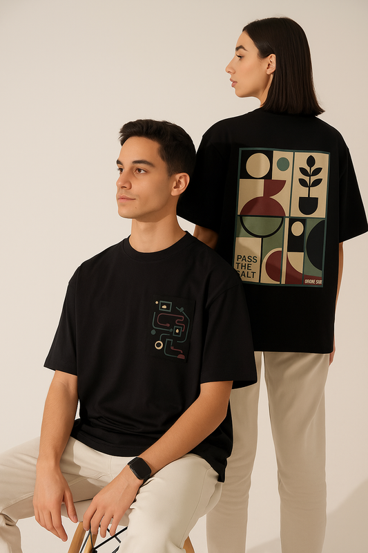 Unleavables Black T-shirt with Geometric and Abstract Print | 100% Cotton, Oversized Fit