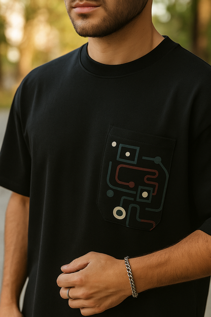 Unleavables Black T-shirt with Geometric and Abstract Print | 100% Cotton, Oversized Fit