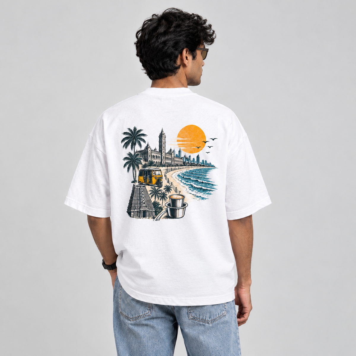 Unleavables Oversized Unisex T-Shirt – Chennai Marina Beach – White – 100% Cotton