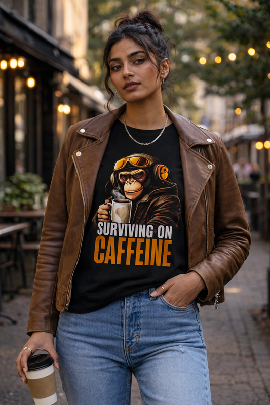Surviving on caffeine | Caffeine Pilot Oversized T-Shirt | Edgy Monkey Graphic | Urban Tee | 100% Combed Cotton