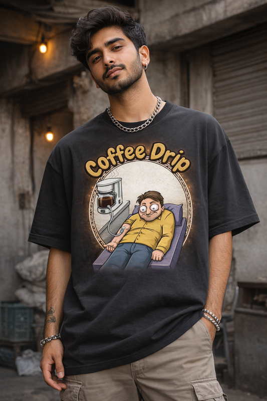 Coffee Drip - Direct Infusion Premium Oversized T-Shirt | Relatable Coffee Lover Humour | Graphic Tee for All | Bold Aesthetic Apparel