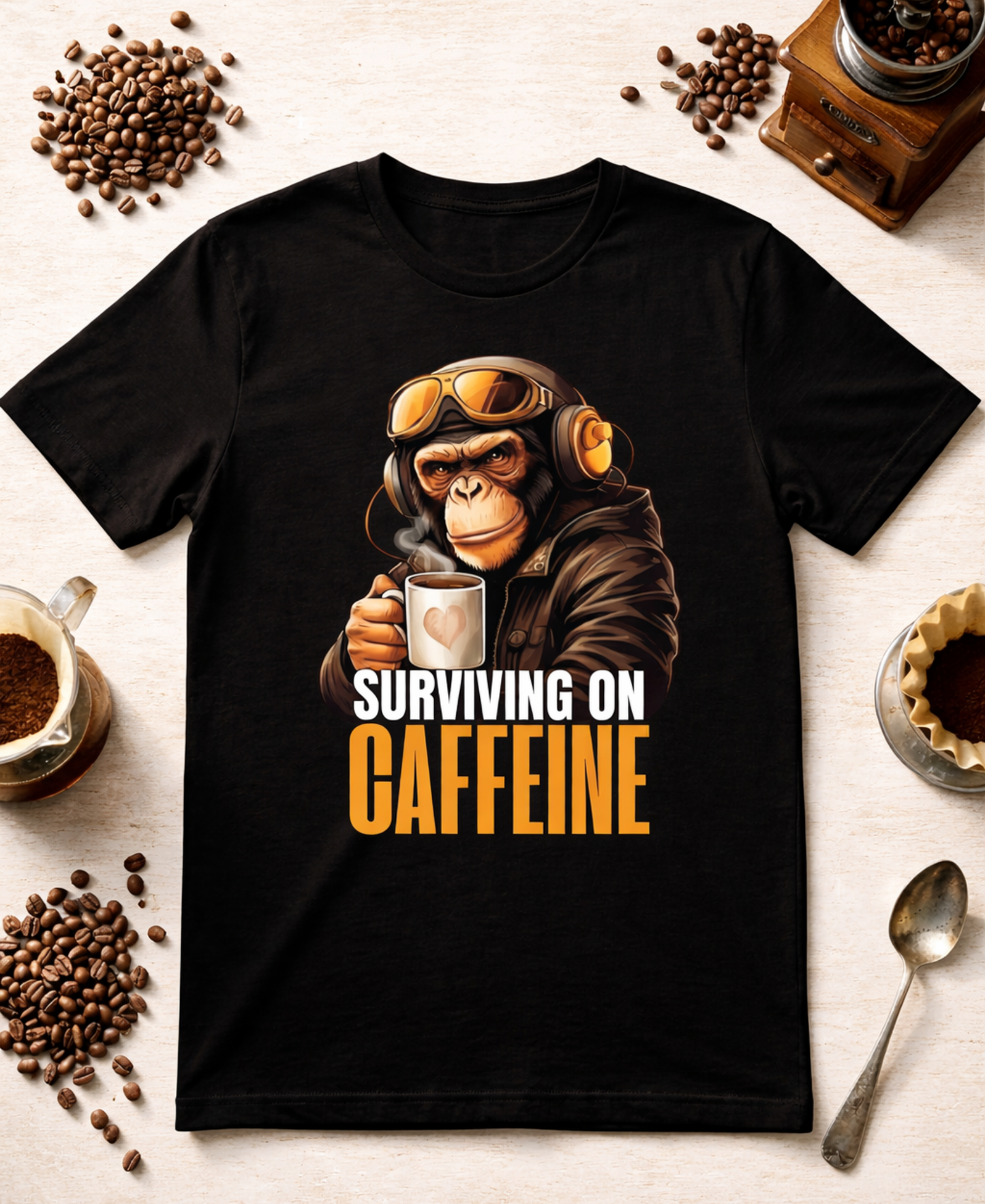 Surviving on caffeine | Caffeine Pilot Oversized T-Shirt | Edgy Monkey Graphic | Urban Tee | 100% Combed Cotton