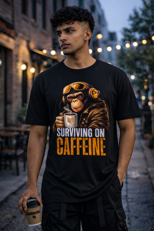 Surviving on caffeine | Caffeine Pilot Oversized T-Shirt | Edgy Monkey Graphic | Urban Tee | 100% Combed Cotton