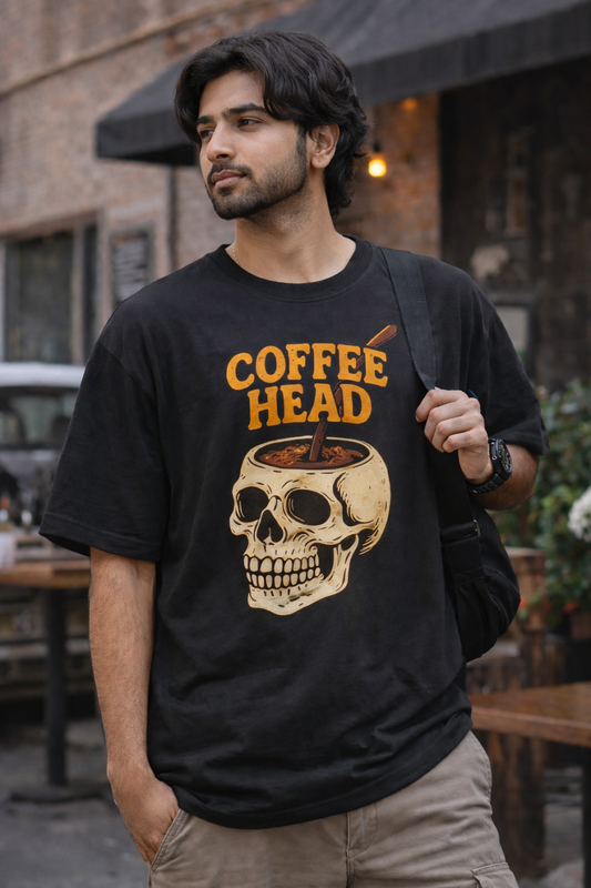 Coffee Head Premium Oversized T-Shirt | Edgy Skull & Caffeine Graphic | 100% Cotton | Unisex Statement Tee