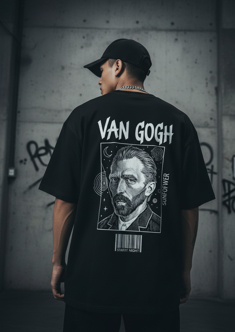 Unleavables Black T-shirt with Van Gogh Graphic Print | 100% Cotton, Oversized Fit