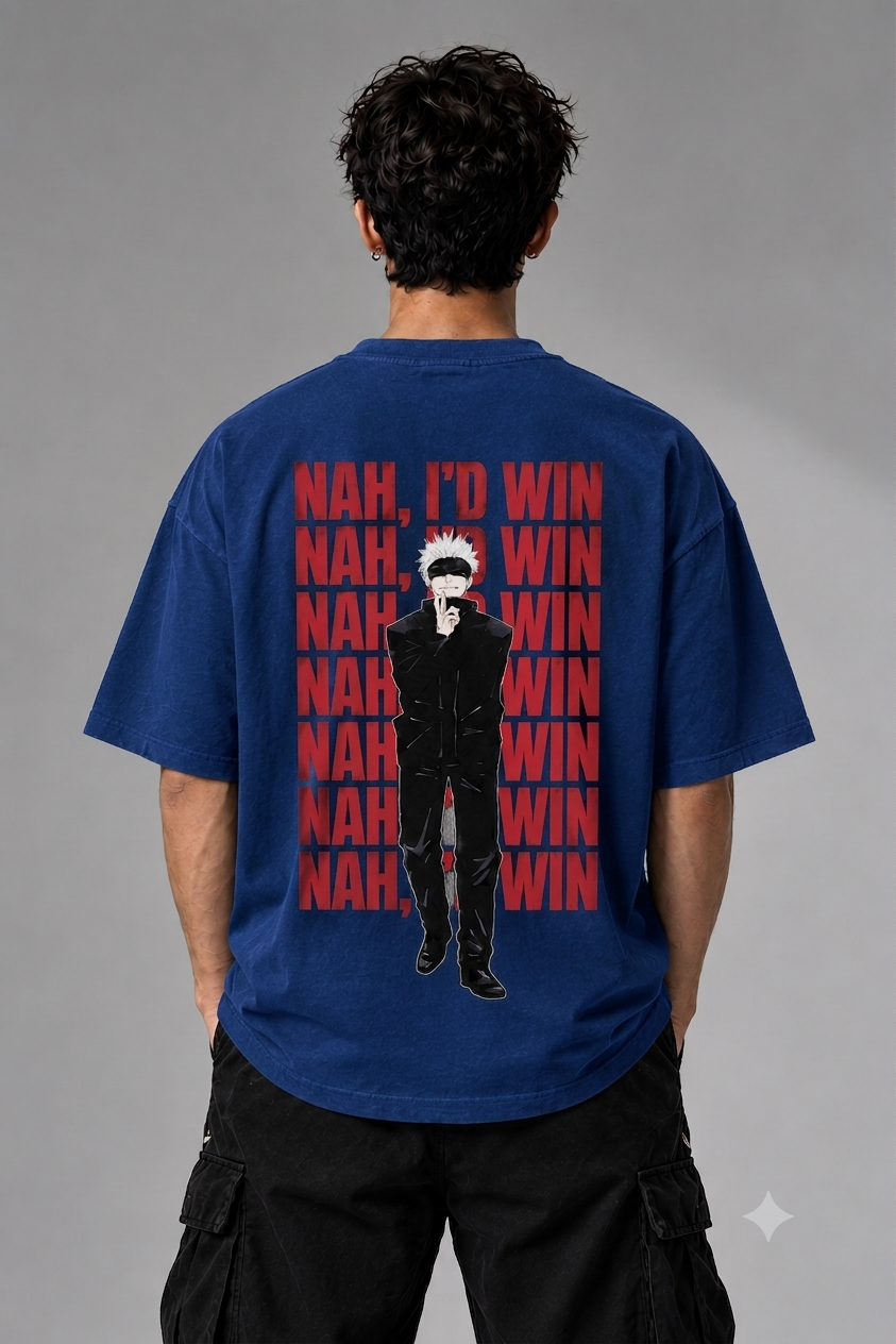 Gojo Satoru “Nah, I’d Win” Oversized T-Shirt – Jujutsu Kaisen Anime Streetwear | Unleavables