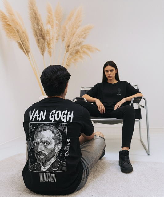 Unleavables Black T-shirt with Van Gogh Graphic Print | 100% Cotton, Oversized Fit