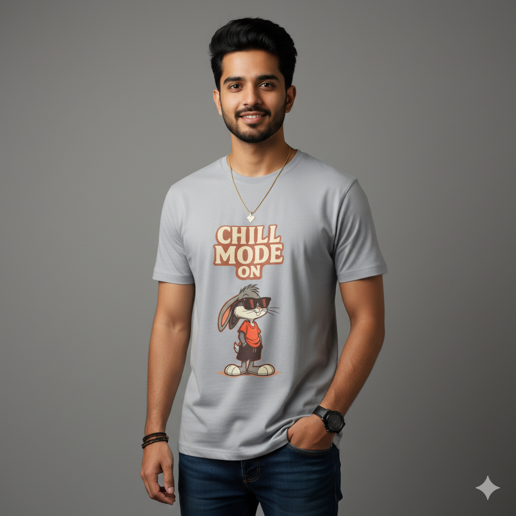 Chill Mode On T-Shirt for Men | Cartoon Bunny Graphic Cotton T-Shirt for College & Casual Wear
