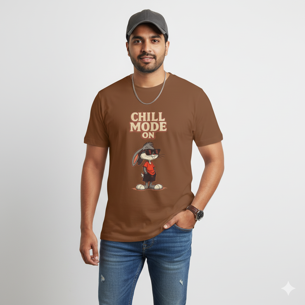 Chill Mode On T-Shirt for Men | Cartoon Bunny Graphic Cotton T-Shirt for College & Casual Wear