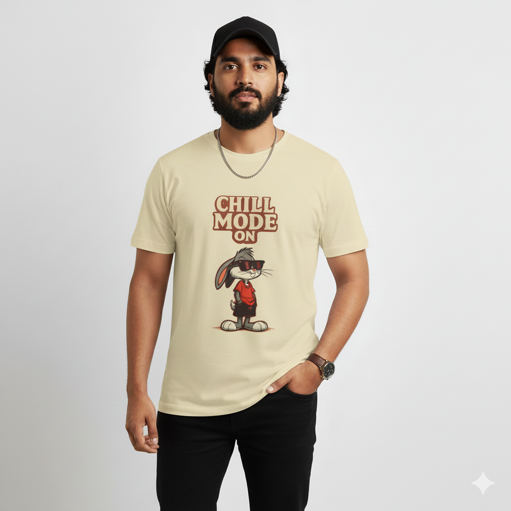 Chill Mode On T-Shirt for Men | Cartoon Bunny Graphic Cotton T-Shirt for College & Casual Wear