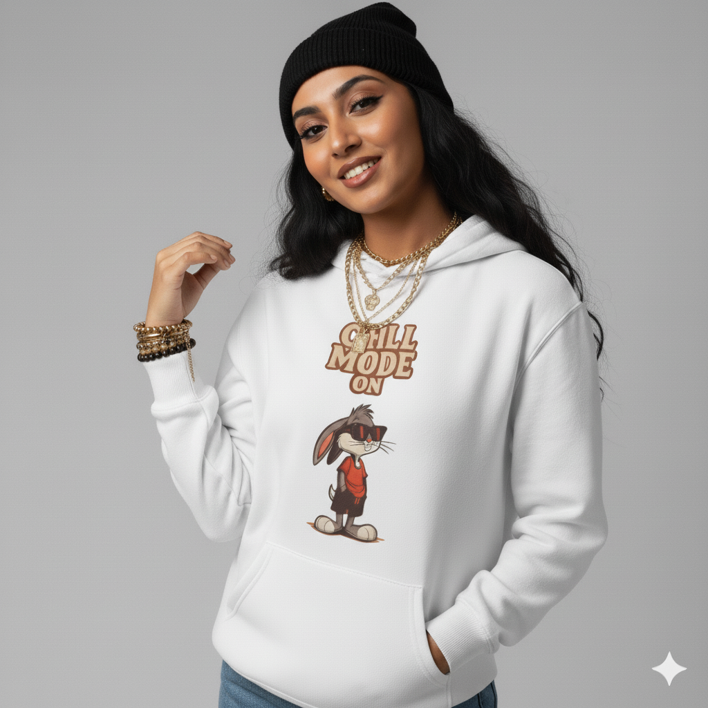 Chill Mode On Bunny Hoodie for Men & Women | 100% Cotton Graphic Sweatshirt, Casual College Streetwear