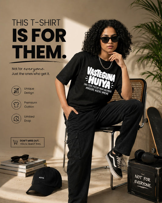 Unleavables Oversized Graphic T-Shirt with "VASTE GUNA HUIYA"Pixel Print | Front and Back Side Print | Round Neck Relaxed Fit | Unisex