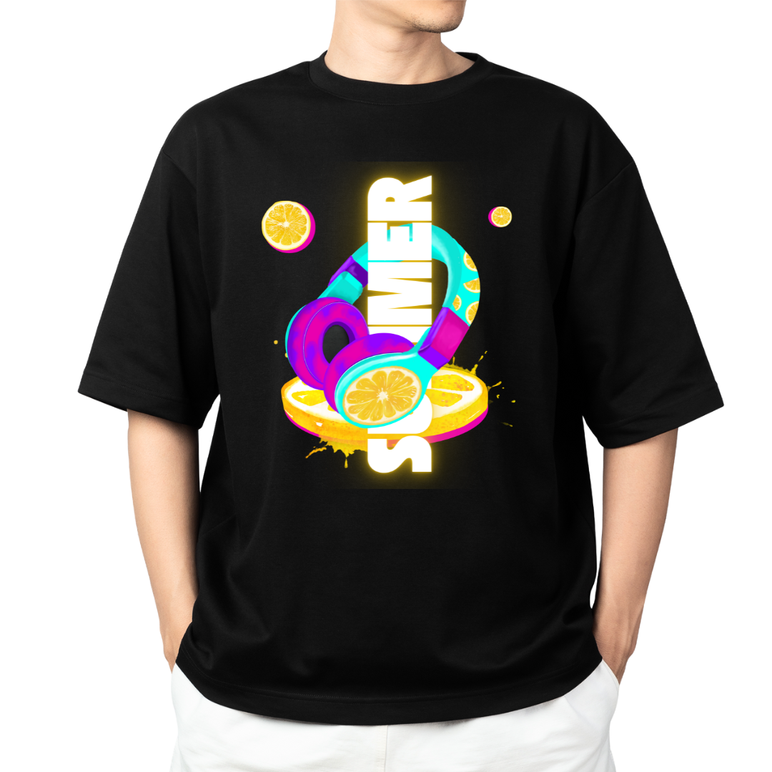 Unleavables Sonic Summer | Unisex Oversized Black T-Shirt | Vibrant Headphone Print | 100% Cotton Comfort