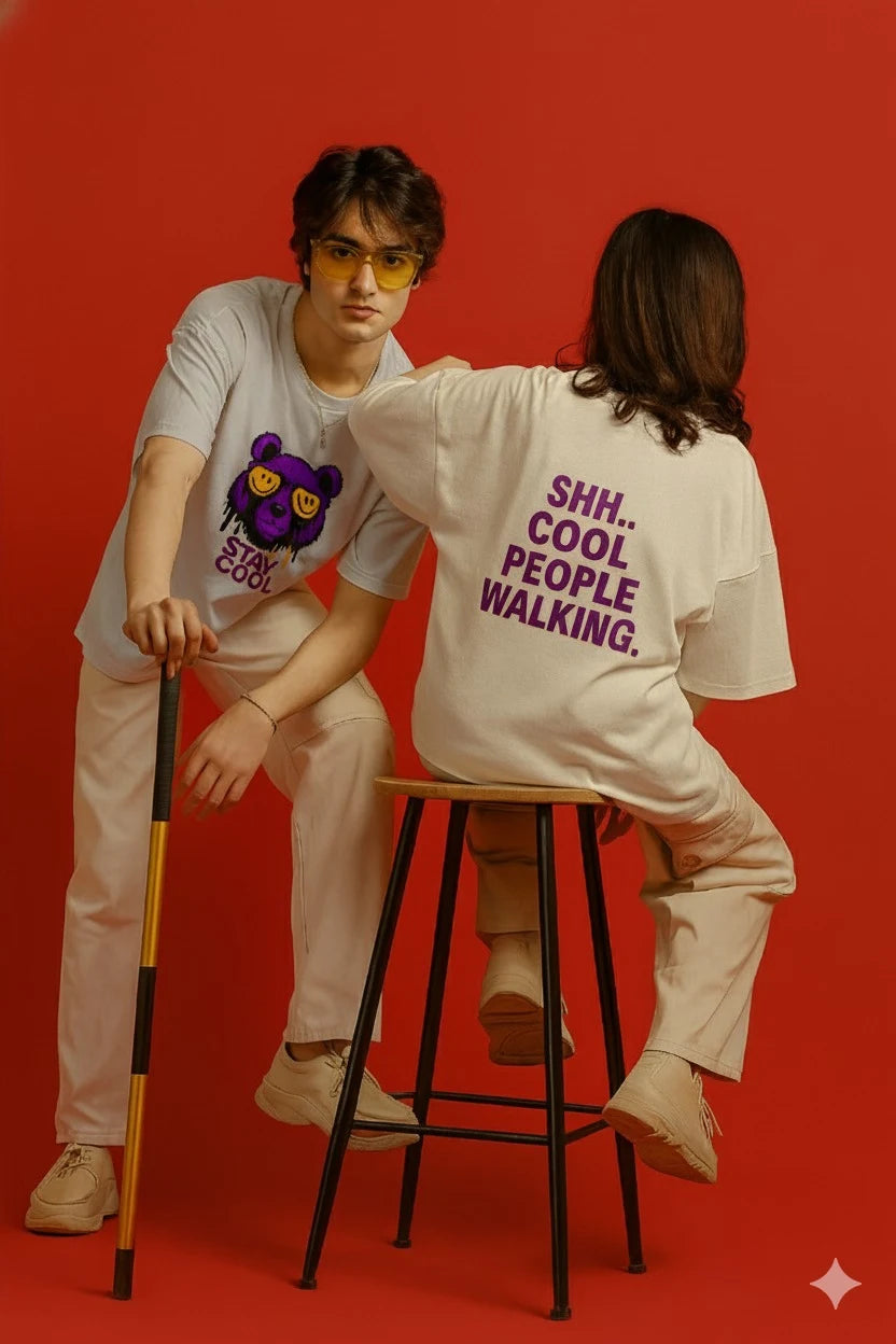 Stay Cool Oversized Unisex T-Shirt – Purple Bear Graphic | 100% Cotton
