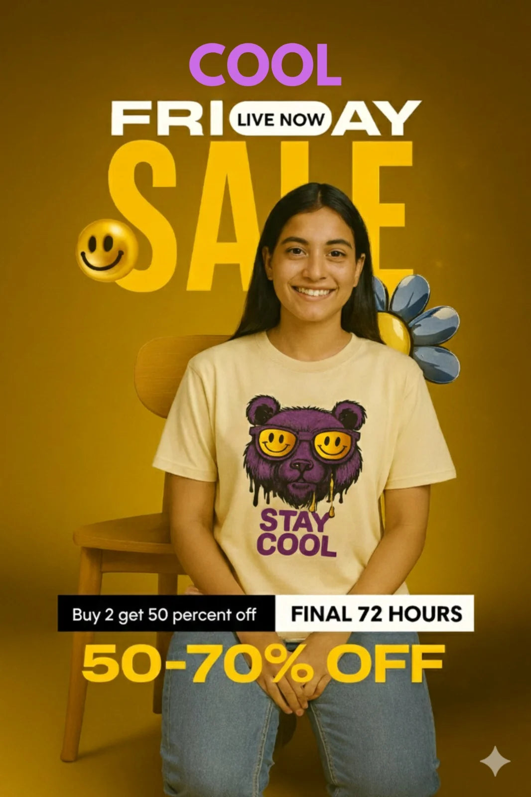 Stay Cool Oversized Unisex T-Shirt – Purple Bear Graphic | 100% Cotton