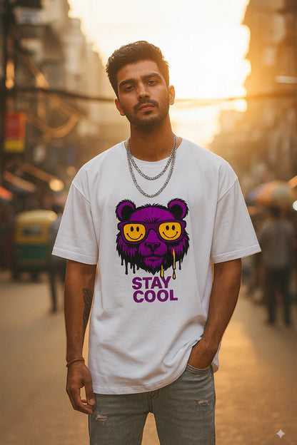 Stay Cool Oversized Unisex T-Shirt – Purple Bear Graphic | 100% Cotton