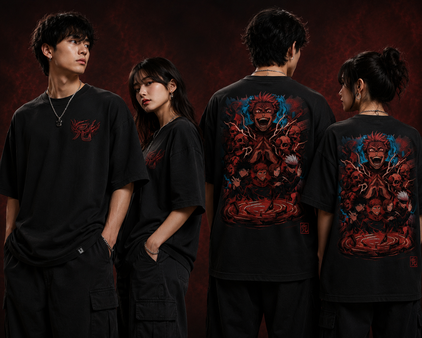 Anime Jujutsu Kaisen Oversized T-Shirt for Men & Women | 100% Cotton Graphic Tee | Front Logo & Back Character Print
