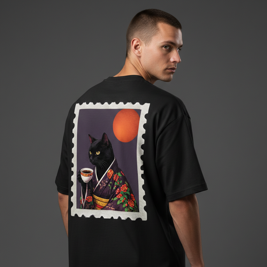 Powered by Espresso – Cat Lover Unisex Oversized T-Shirt 100% Cotton Graphic Tee | Drop Shoulder Aesthetic Streetwear