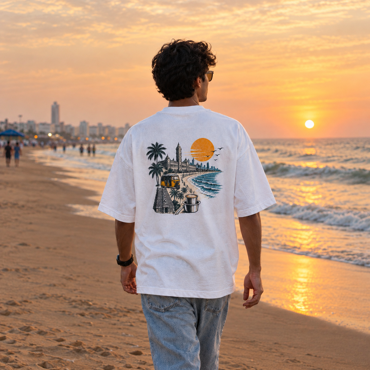Unleavables Oversized Unisex T-Shirt – Chennai Marina Beach – White – 100% Cotton