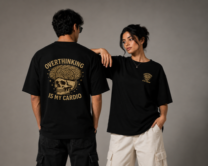 Unleavables Oversized Graphic T-Shirt for Men & Women – Overthinking Is My Cardio Skull Print – Premium Cotton Casual T-Shirt