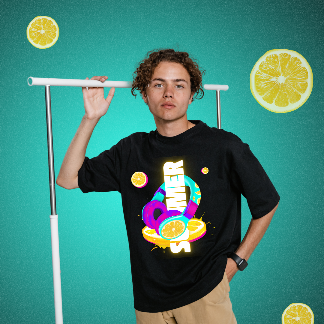 Unleavables Sonic Summer | Unisex Oversized Black T-Shirt | Vibrant Headphone Print | 100% Cotton Comfort