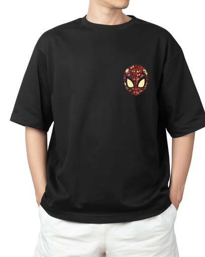Spider-Verse Mask Graphic Oversized Black T-Shirt | Front & Back Print Drop-Shoulder Streetwear Tee | Men