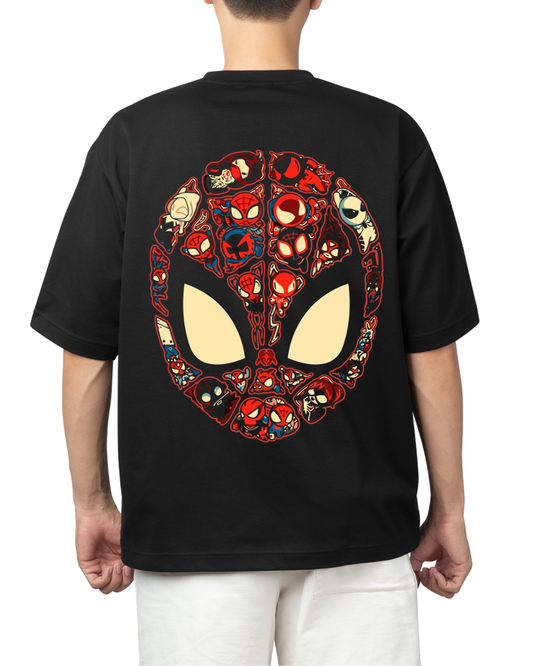Spider-Verse Mask Graphic Oversized Black T-Shirt | Front & Back Print Drop-Shoulder Streetwear Tee | Men