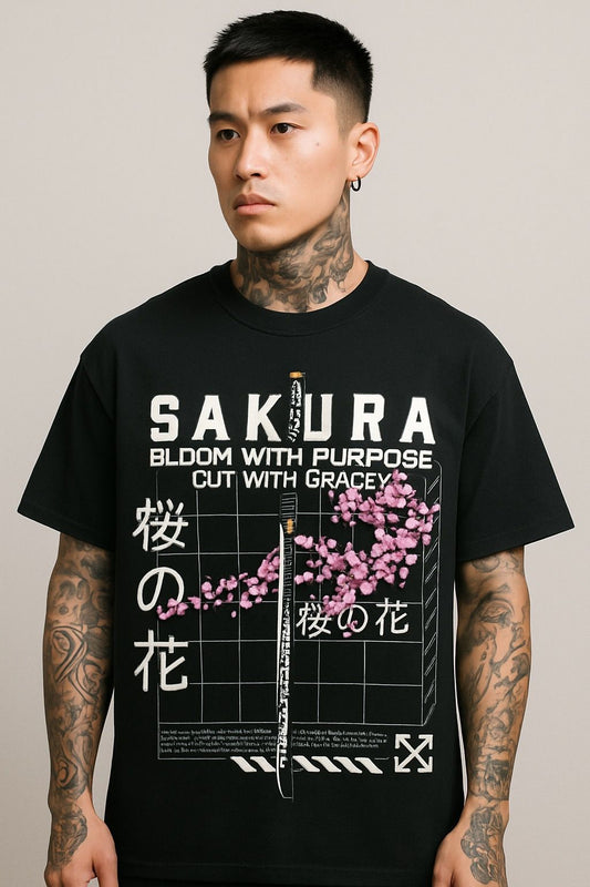 Sakura Katana Bloom Graphic T-Shirt – Japanese Anime Streetwear | Unisex Over-sized T-shirt | 100% Cotton