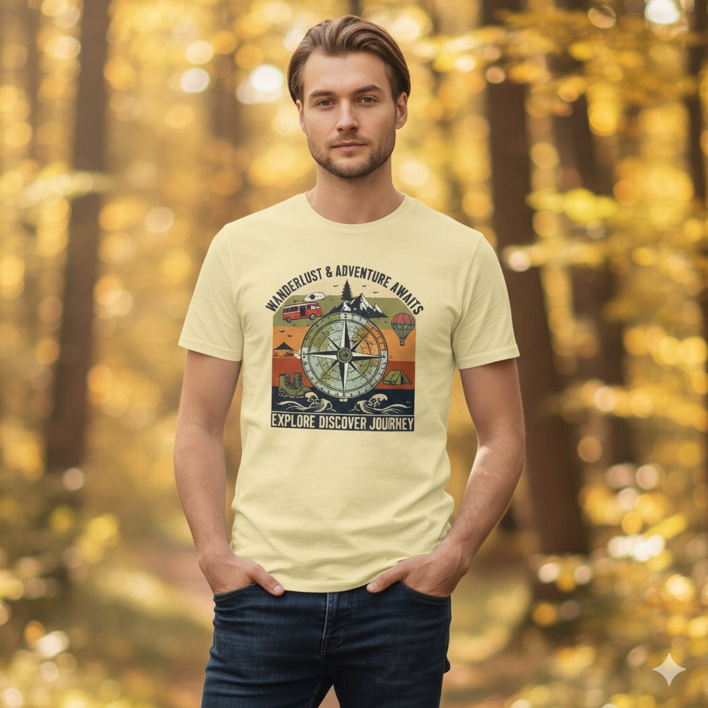Adventure Awaits Graphic T-Shirt | Wanderlust & Travel Vibes for Men | Explore, Discover & Journey Tee